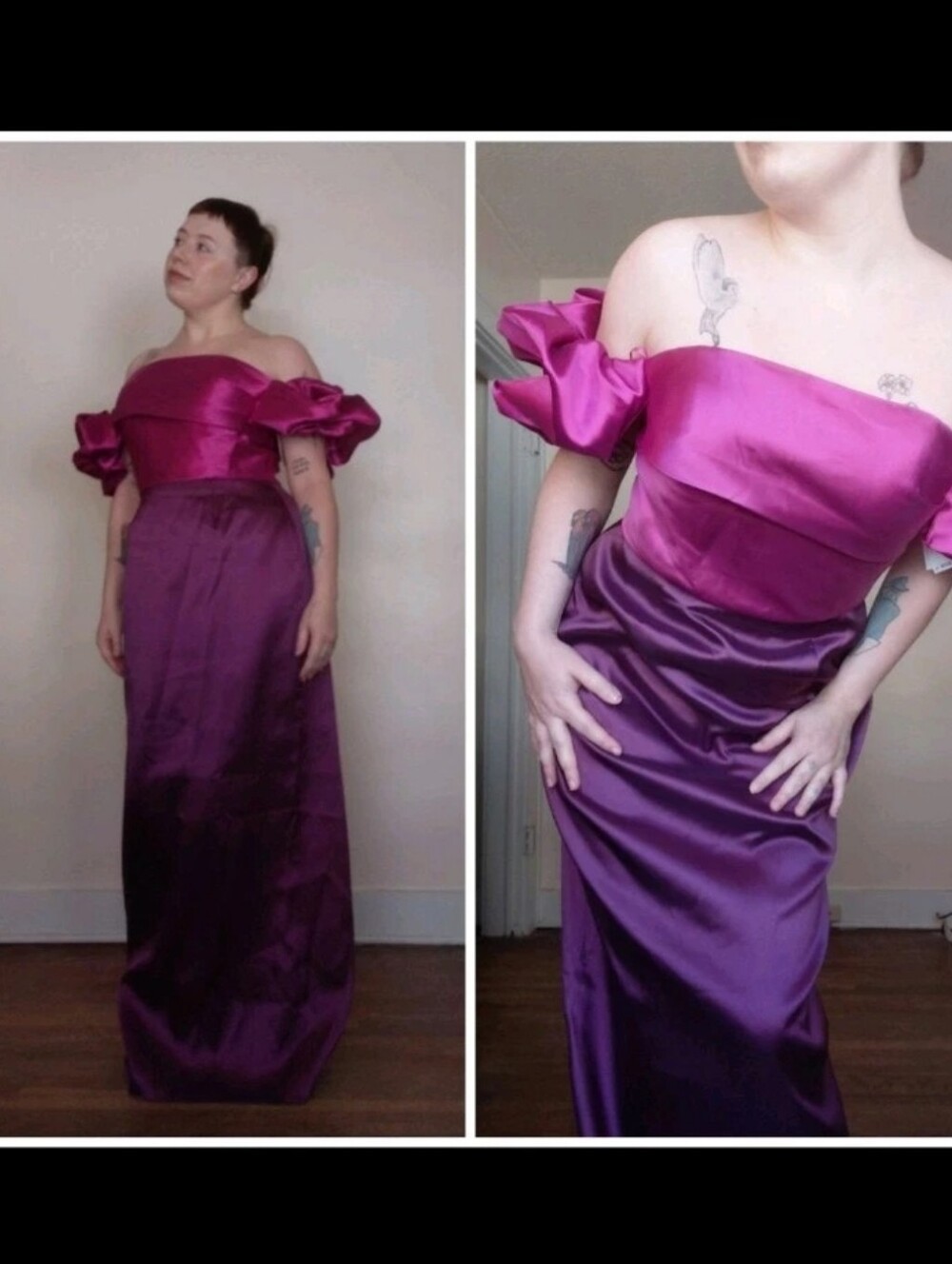 NEW RENE Ruiz Two Tone Column Gown Sz 12 Fuschia Purple Puff Sleeve